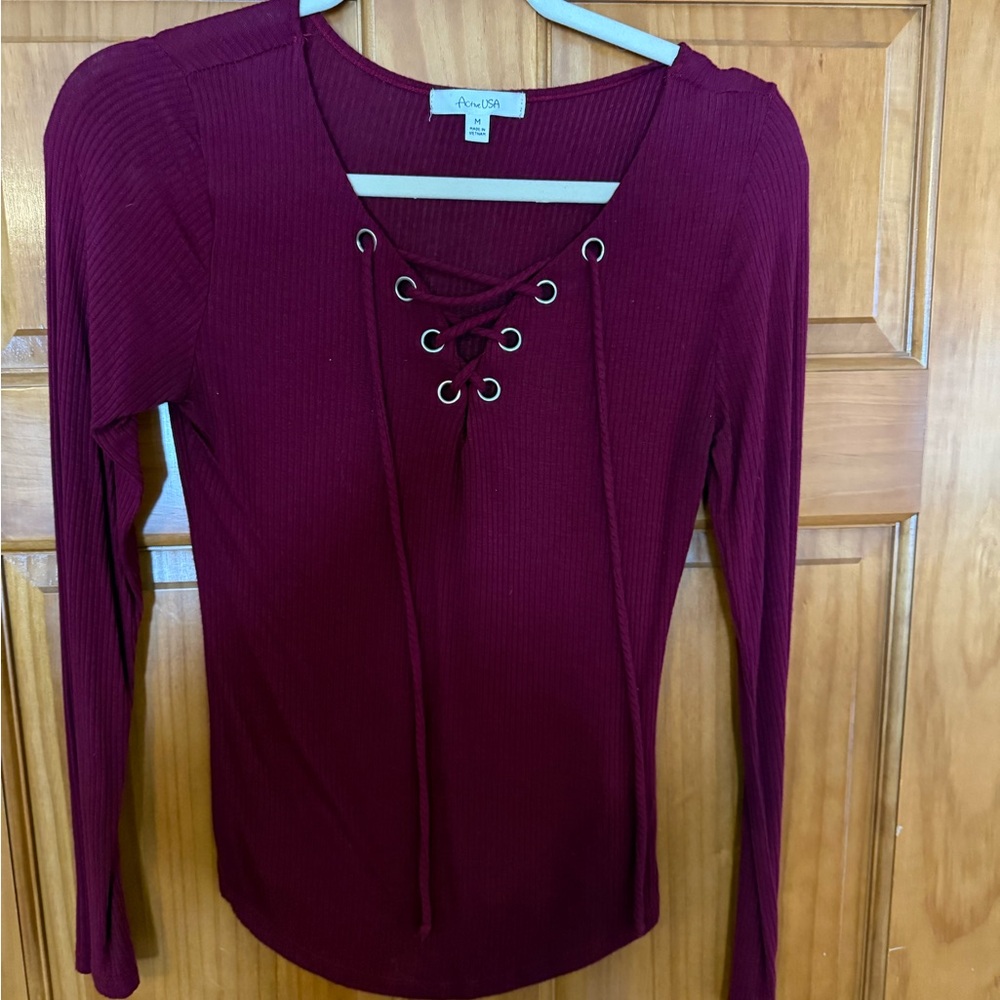 Women's Burgundy tie-Up Long Sleeve Top